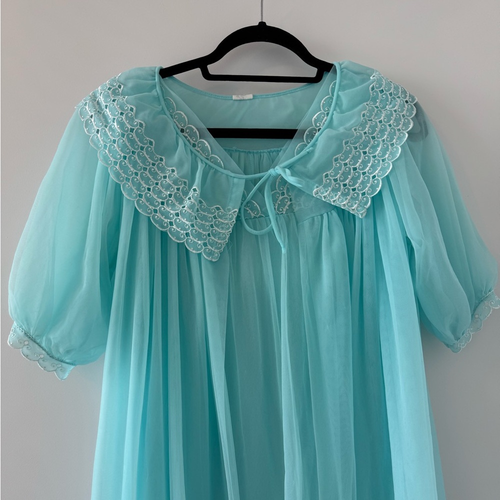 Vintage 1960s Blue Sheer Peignoir Set |  Babydoll Nightgown with Lace Collar